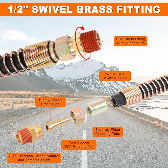 15FT Air Line Hose Kits, 3 in 1 Air Line for Truck Tractor Trailer, Semi AirLine Assembly with Gladhand, Gladhand Holder, Extension Handles, 16IN Tender Spring Kit, 7 Way Trailer Connect Socket