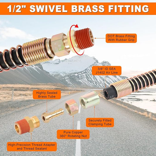 15FT Air Line Hose Kits, 3 in 1 Air Line for Truck Tractor Trailer, Semi AirLine Assembly with Gladhand, Gladhand Holder, Extension Handles, 16IN Tender Spring Kit, 7 Way Trailer Connect Socket