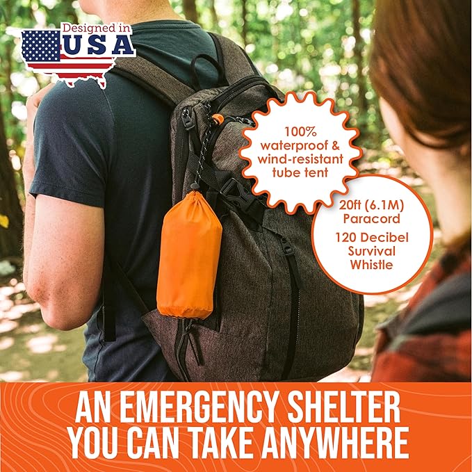 Go Time Gear Survival Life Tent • 2 Person Mylar Emergency Shelter Tube Tent + Paracord • All-Weather Protection for Camping, Hiking, & Survival Kits • Includes Emergency Whistle