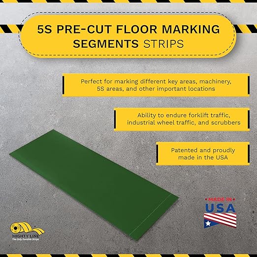 Mighty Line Floor Marking Tape Strips for Safety, Caution, Warning, Heavy-Duty, Peel and Stick, Adhesive, Industrial Quality, Green, 4" by 10"