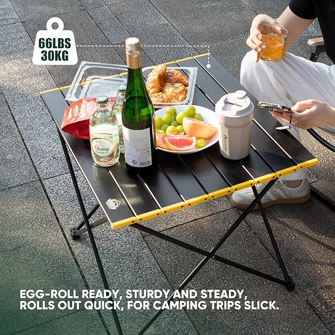 EHHLY Portable Folding Camping Table, Large Compact Aluminum Beach Picnic Table, Lightweight Collapsible Outdoor Camp Tables That Folds & Rolls Up, Beach Gear Essentials Camp Accessories, Black