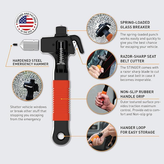 Stinger Super Duty Car Emergency Escape Tool, Hardened Carbon Steel Vehicle Safety Hammer, Spring Loaded Window Breaker, Razor Sharp Seat Belt Cutter, Life-Saving Rescue Tool (Combo 2 pcs Orange)