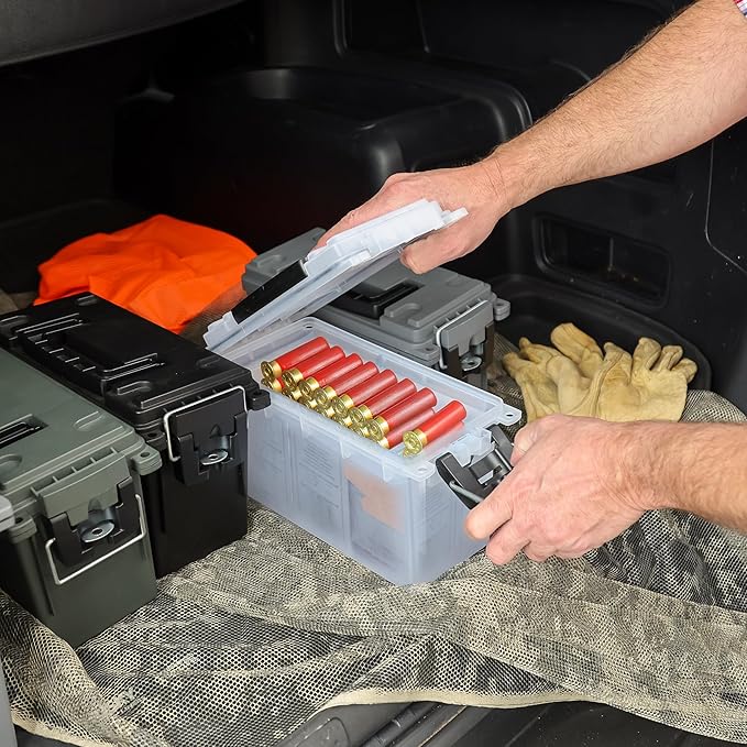 Sheffield 12758 4-Pack Ammo Storage Box, Stackable .30 Cal Field Boxes, Water and Dust Resistant, Lockable Storage Box with Handle, Secures Hunting Gear, Supplies, and Bullets, Made in USA, Frost