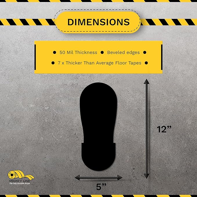 Mighty Line Big Footprints Floor Marking Tape for Safety, Caution, Warning, Heavy-Duty, Peel and Stick, Adhesive, Industrial Quality, 12" Long x 5" Wide, Black, Pack of 50