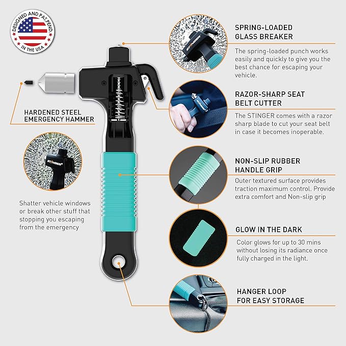 Stinger Super Duty Car Emergency Escape Tool - Hardened Carbon Steel Safety Hammer, Spring-Loaded Window Breaker, Razor-Sharp Seat Belt Cutter, Life-Saving Rescue Tool (One Green)
