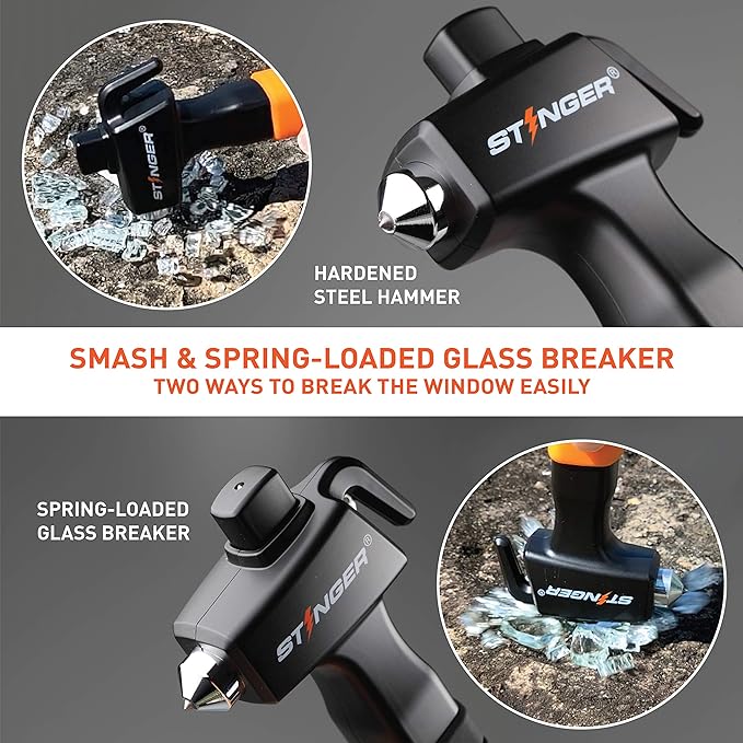 Stinger Super Duty Car Emergency Escape Tool, Hardened Carbon Steel Vehicle Safety Hammer, Spring Loaded Window Breaker, Razor Sharp Seat Belt Cutter, Auto Accident Life-Saving Rescue Tool (Black)