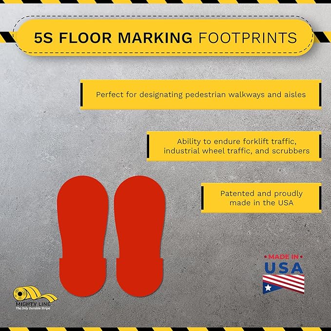 Mighty Line Big Footprints Floor Marking Tape for Safety, Caution, Warning, Heavy-Duty, Peel and Stick, Adhesive, Industrial Quality, 12" Long x 5" Wide, Red, Pack of 50