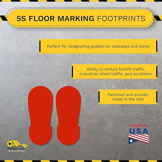 Mighty Line Big Footprints Floor Marking Tape for Safety, Caution, Warning, Heavy-Duty, Peel and Stick, Adhesive, Industrial Quality, 12" Long x 5" Wide, Red, Pack of 50