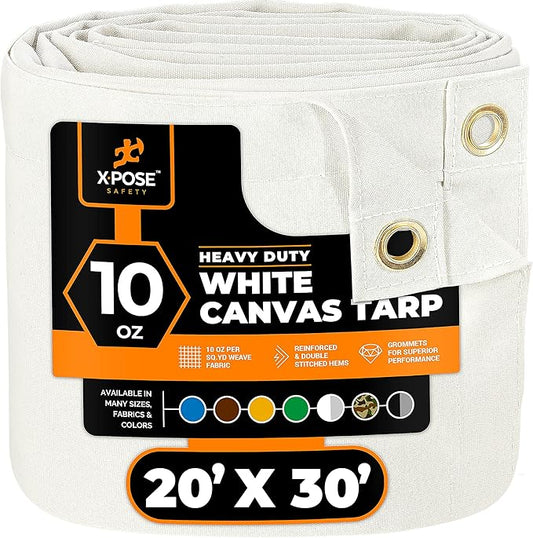 Xpose Safety Canvas Tarp - 10oz White Canvas Tarps Heavy Duty Water Resistant with Brass Grommets- Multipurpose Outdoor Tarpaulin for Camping, Canopy, Trailer, Equipment Cover 20' x 30'