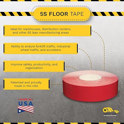 Mighty Line UltraLine Solid Floor Marking Tape for Safety, Caution, Warning, Heavy-Duty, Peel and Stick Adhesive, Beveled Edge Design, Industrial Quality, 2 Inch, 100' Roll, Red