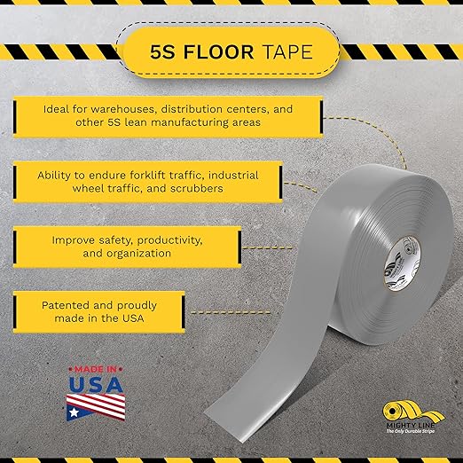 Mighty Line Solid Floor Marking Tape for Safety, Caution, Warning, Heavy-Duty, Peel and Stick Adhesive, Beveled Edge Design, Industrial Quality, 3 inch, 100' Roll, Gray