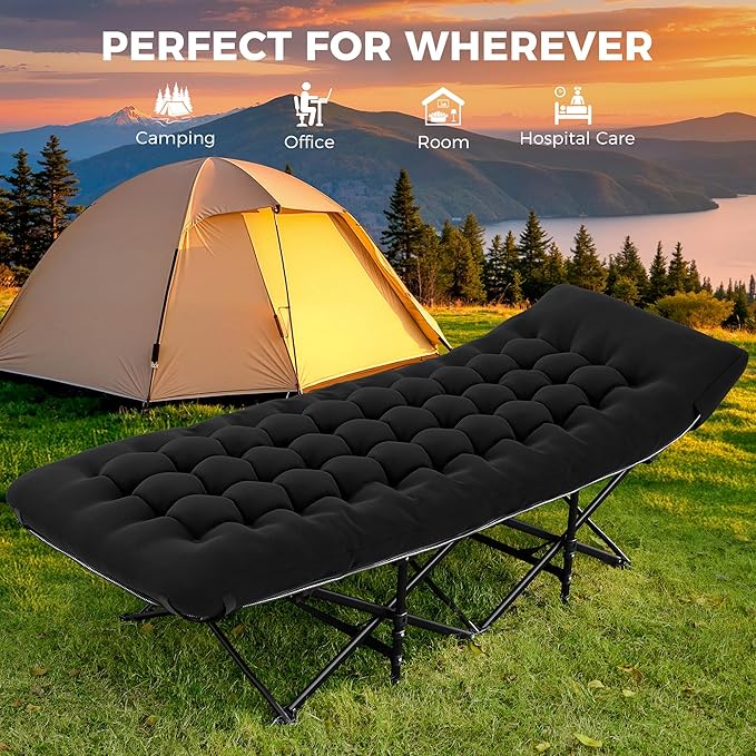 JEAREY 2-Piece Folding Camping Cot for Sleeping, Heavy Duty Camping Cots for Adults with Mattress, 1200D Double Layer Oxford Portable Folding Cot with Carry Bag for Guest, Travel, Hiking, Black