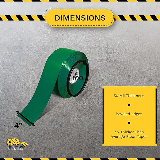 Mighty Line Solid Floor Marking Tape for Safety, Caution, Warning, Heavy-Duty, Peel and Stick Adhesive, Beveled Edge Design, Industrial Quality, 4 inch, 100' Roll, Green