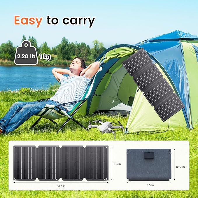 36W Portable Solar Panel, EFTE Foldable Solar Panel Charger IP65 Waterproof with 2 Outputs (USB-A Type-C) for Camping Hiking RV Outdoor Compatible with Mobile Phones Power Bank Camping Lamps