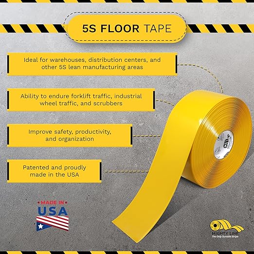 Mighty Line Solid Floor Marking Tape for Safety, Caution, Warning, Heavy-Duty, Peel and Stick Adhesive, Beveled Edge Design, Industrial Quality, 4 inch, 100' Roll, Yellow
