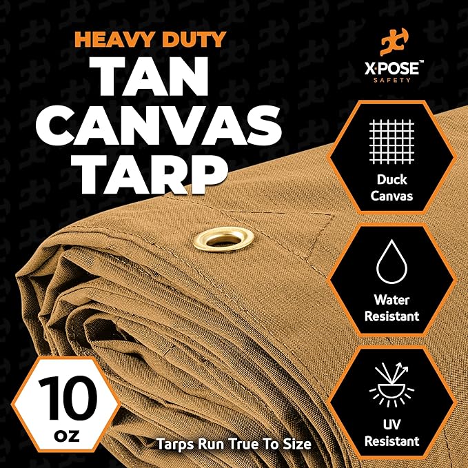 Xpose Safety 10oz Tan Canvas Tarps 16' x 20' – Bulk Half Pallet (22 Packs) – Multipurpose Heavy Duty Water-Resistant Tarpaulin with Brass Grommets for Camping, Canopy & Equipment Protection