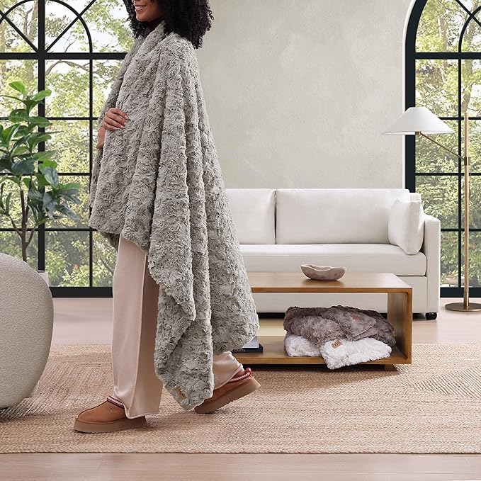 UGG Adalee Faux Fur Throw Blanket Luxury Lightweight Cozy Soft Throw for Couch Bed or Chair Hypoallergenic Machine Washable Double-Sided Fluffy Blanket Home Decor, 50-inch x 70-inch, Seal Grey