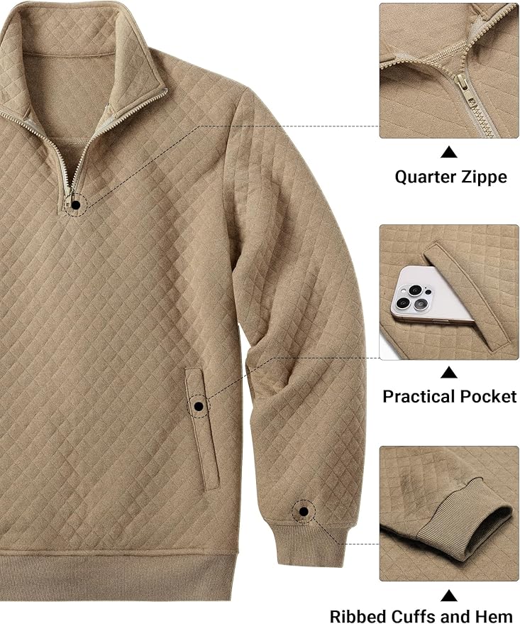 COOFANDY Mens Quarter Zip Pullover Quilted Sweatshirt Knit Long Sleeve Mock Neck Sweater Polo with Pocket