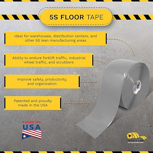Mighty Line Solid Floor Marking Tape for Safety, Caution, Warning, Heavy-Duty, Peel and Stick Adhesive, Beveled Edge Design, Industrial Quality, 6 inch, 100' Roll, Gray