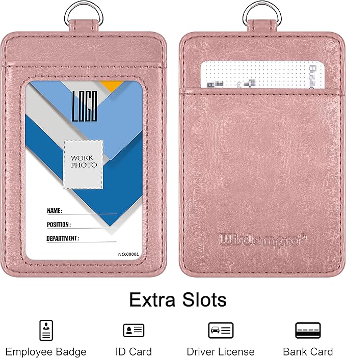Badge Holder, Wisdompro 2-Sided PU Leather ID Badge Card Holder Wallet Case with 1 Clear ID Window and 1 Credit Card Slot and 22 Inch Quick Rlease Detachable Neck Lanyard Strap-Rose Gold (Vertical)