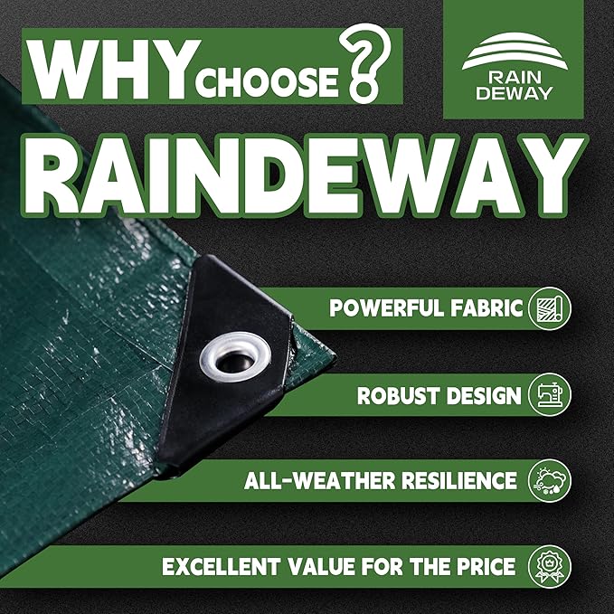 RAINDEWAY Tarps 12x18 Feet,Tarp Waterproof,5.5 Mil Thick, Multipurpose Waterproof Poly Tarp Cover with Metal Grommets and Reinforced Edges,Green Tarps