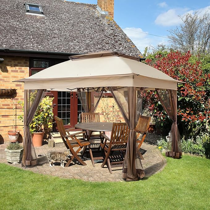 COOS BAY 11x11 Pop Up Instant Gazebo Tent with Mosquito Netting Outdoor Canopy Shelter with 121 Square Feet of Shade (Beige)