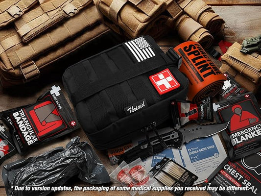 Survival First Aid Kit with Israeli Bandage, Splint, Chest Seal, Tactical Military Combat Molle IFAK for Wound Care, Bleeding Control, Trauma Hemorrhage and More