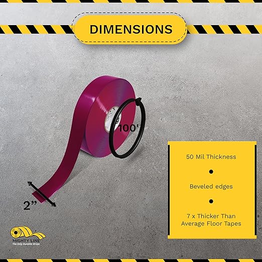Mighty Line Solid Floor Marking Tape for Safety, Caution, Warning, Heavy-Duty, Peel and Stick Adhesive, Beveled Edge Design, Industrial Quality, 2 inch, 100' Roll, Purple