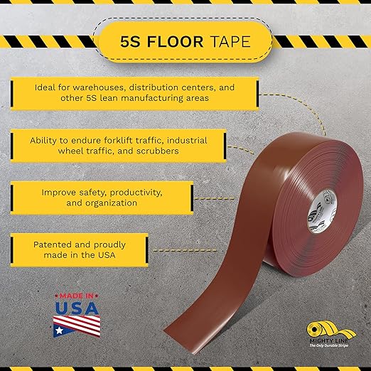 Mighty Line Solid Floor Marking Tape for Safety, Caution, Warning, Heavy-Duty, Peel and Stick Adhesive, Beveled Edge Design, Industrial Quality, 3 inch, 100' Roll, Brown