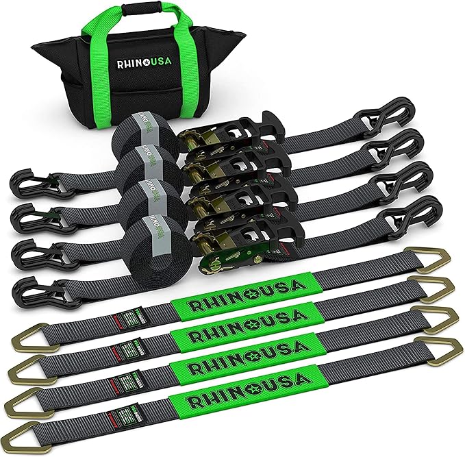Rhino USA Car Tie Down Straps for Trailers with J Hooks (4-Pack) – 2" x8' (10,000lb Break Strength) – Heavy Duty Car Hauler Tire Straps with Axle Straps for UTV, Powersports & More – Black