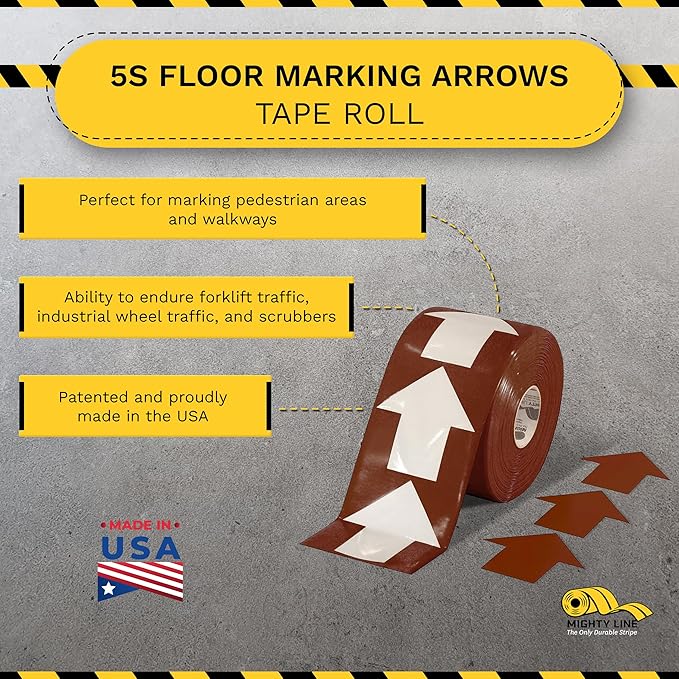 Mighty Line 5.5" Wide Solid Arrows Roll, Directional Sticker Sign Floor Marking Tape for Safety, Caution, Warning, Heavy-Duty, Peel and Stick, Adhesive, Industrial Quality, Brown, Pack of 200