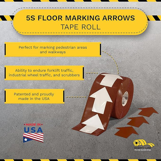 Mighty Line 5.5" Wide Solid Arrows Roll, Directional Sticker Sign Floor Marking Tape for Safety, Caution, Warning, Heavy-Duty, Peel and Stick, Adhesive, Industrial Quality, Brown, Pack of 200