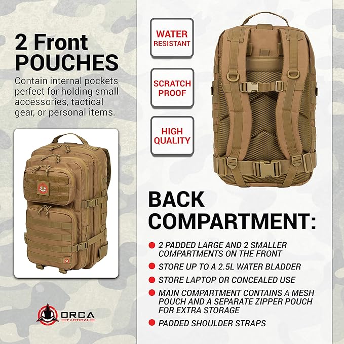 Orca Tactical Backpack 40L Large Military 1 to 3 Day Molle Assault Pack Rucksack Army Bag