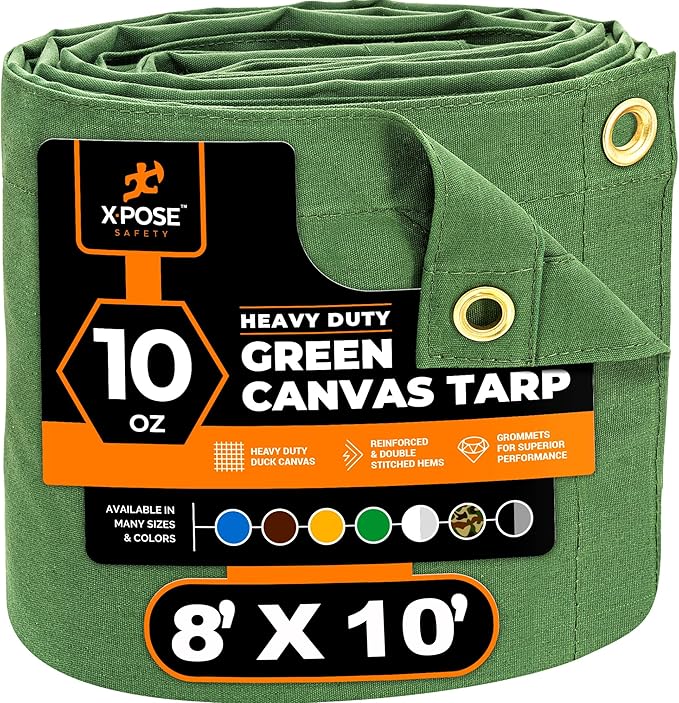 Xpose Safety Canvas Tarp - 10oz Green Canvas Tarps Heavy Duty Water Resistant with Brass Grommets- Multipurpose Outdoor Tarpaulin for Camping, Canopy, Trailer, Equipment Cover 8' x 10'