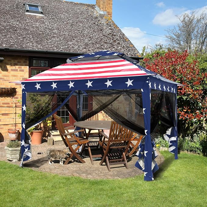 COOS BAY 11x11 Pop-Up Instant Gazebo Tent with Mosquito Netting Outdoor Canopy Shelter with 121 Square Feet of Shade (American Flag)