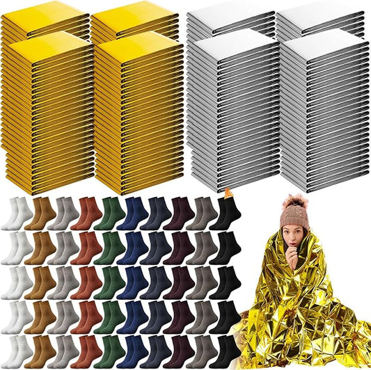 200 Pcs Emergency Blanket Thick Socks Winter Bulk Homeless Survival Care Supplies Kit for Cold Weather Outdoor Camping Hiking (Bright)