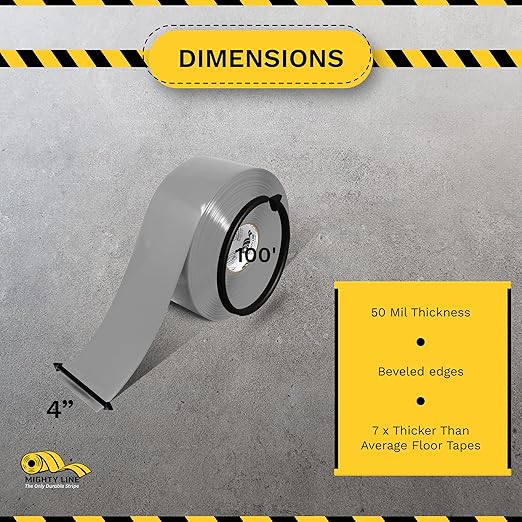 Mighty Line Solid Floor Marking Tape for Safety, Caution, Warning, Heavy-Duty, Peel and Stick Adhesive, Beveled Edge Design, Industrial Quality, 4 inch, 100' Roll, Gray