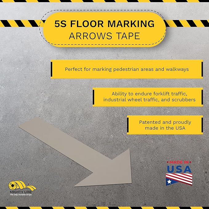 Mighty Line Solid Arrows Directional Sticker Sign Floor Marking Tape for Safety, Caution, Warning, Heavy-Duty, Peel and Stick, Adhesive, Industrial Quality, Gray, 10" by 6", Pack of 50