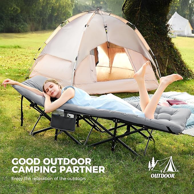 JEAREY 2-Piece Folding Camping Cot, Heavy Duty Camping Cots for Adults with Mattress, 1200D Double Layer Oxford Portable Folding Cot Bed with Carry Bag for Guest, Travel, Hiking, Light Gray