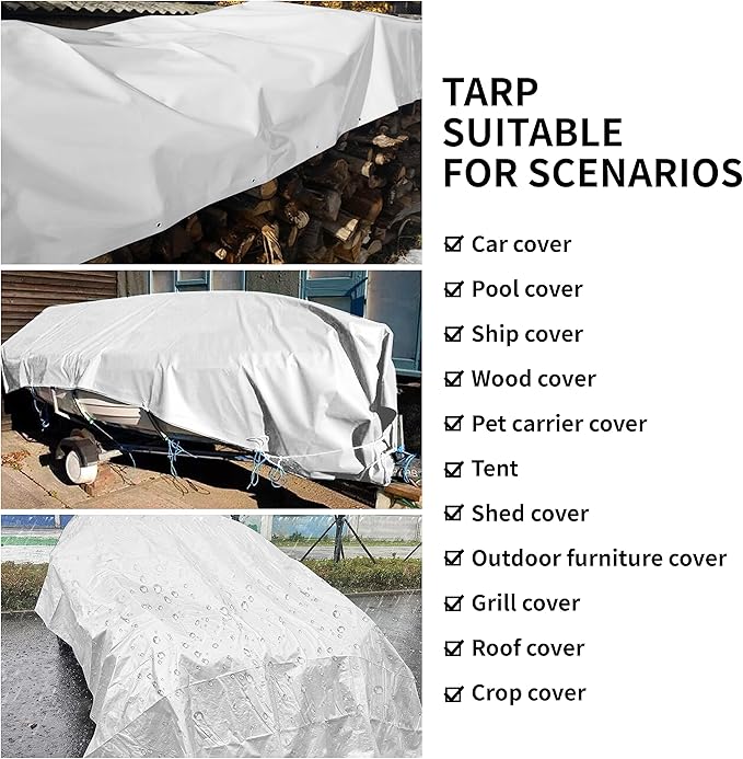 TARPAL 24'x36' White Tarp Waterproof 7.5 mil Medium Duty All Purpose Poly Tarps Cover Waterproof,Snow Proof UV Protection,Rip and Tear Proof,Poly Tarpaulin