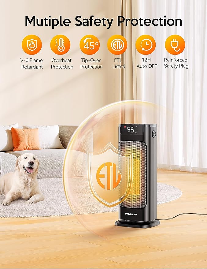 VAGKRI Space Heater, 1500W Portable Electric Heater with Thermostat, Remote, 3 Modes, Timer, Oscillating, Overheating & Tip-Over Protection, Fast Ceramic Heater for Bedroom Office Garage Indoor Use
