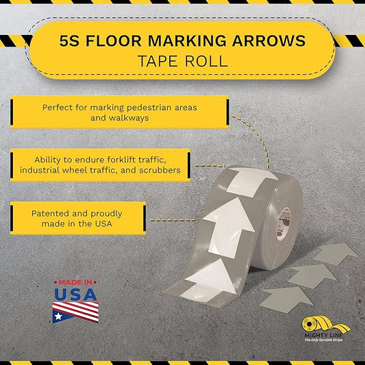Mighty Line 5.5" Wide Solid Arrows Roll, Directional Sticker Sign Floor Marking Tape for Safety, Caution, Warning, Heavy-Duty, Peel and Stick, Adhesive, Industrial Quality, Gray, Pack of 200