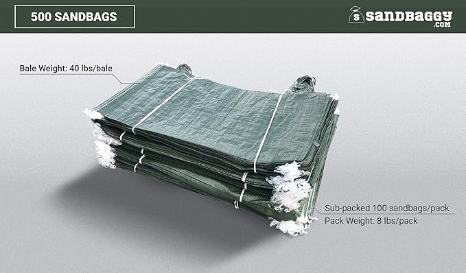 Sandbaggy - Heavy Duty Empty Sandbags For Flooding (14" X 26") - Poly Sand Bags - Flood Barrier, Weight, Construction, Earth Bag Homes - Reusable, UV Resistant - Tie Strings Attached (500 Bags)