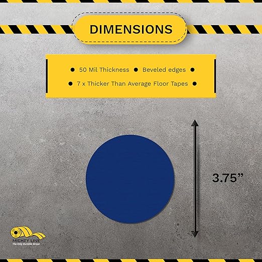 Mighty Line 3.75" Solid Dot Shaped Floor Marking Tape for Safety, Caution, Warning, Heavy-Duty, Peel and Stick, Adhesive Circle Spots, Industrial Quality, Blue, Pack of 100