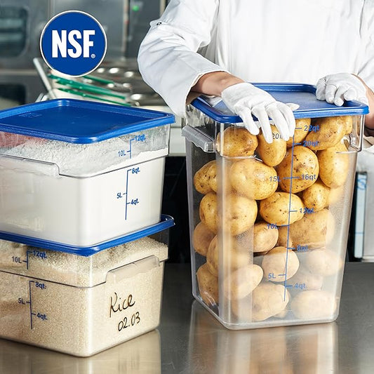 CURTA 4-Pack Food Storage Containers with Blue Lids - 12 Qt & 22 Qt Square Clear Polycarbonate - NSF Listed, Commercial Grade, Freezer & Dishwasher Safe, Stackable