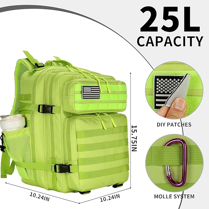25L Tactical Backpack for Men and Women Small Military Tactical Backpack Heavy Duty Molle Assault Pack Daypack for Hiking Camping Travel Work Gym Outdoors (Bright Green)