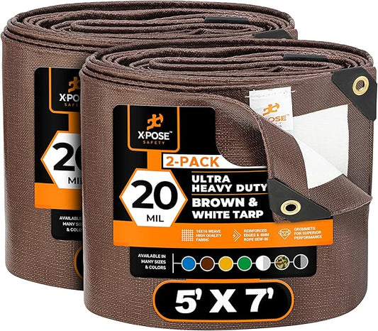 Xpose Safety 5' x 7' Ultra Heavy Duty Tarp (2-Pack) - 20 Mil Waterproof Tarps for Camping, Outdoor Adventures & Tent Cover, UV Protection, Reinforced Corners, All-Weather Durability