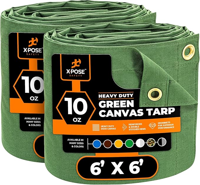 Xpose Safety Canvas Tarp - 10oz Green Canvas Tarps Heavy Duty Water Resistant with Brass Grommets- Multipurpose Outdoor Tarpaulin for Camping, Canopy, Trailer, Equipment Cover 6' x 6' (2 Pack)