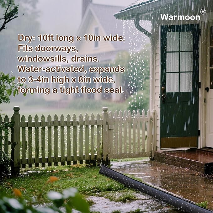 Warmoon 10ft Self-Absorbing Flood Barriers - Ideal for Home Doorways, Garage Floors & Commercial Entrances, Quick Water Activation (10ft (Pack of 1))