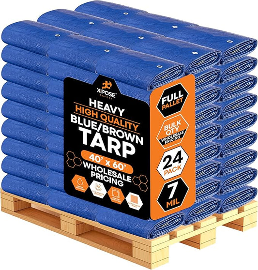 Heavy Blue & Brown Tarp 40' x 60'- Bulk Full Pallet (12 Pack) Weatherproof, Camping, Rain, Wind & Sun - 7 Mil Plastic Tarp Outdoor Cover for Roof, Trailer, RV, Car, Boat - by Xpose Safety